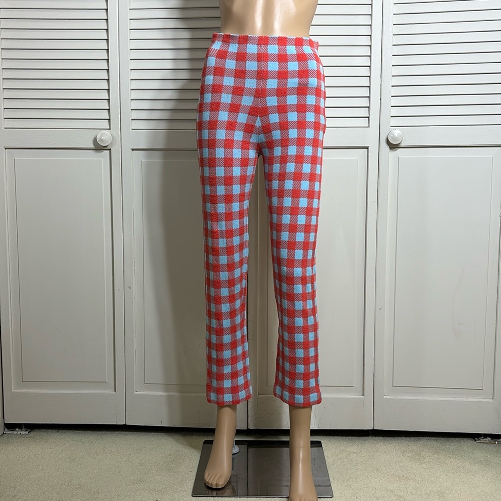 STAUD Red and Blue Checkered Cropped Pants